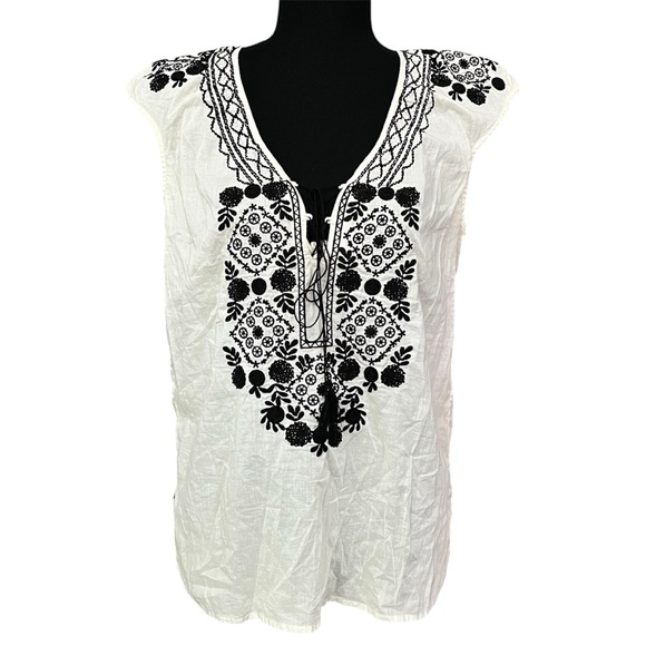 J Crew S Cream 100% Cotton Embroidered Festival Boho Ethnic Sheer Cap Sleeve Top - Picture 2 of 9